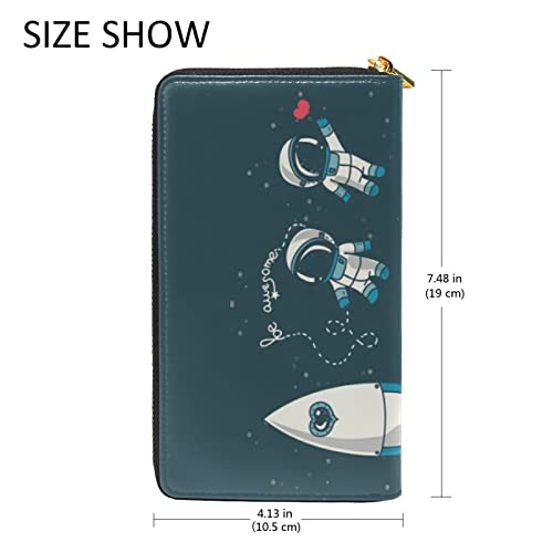 Valentine's Day Moon, Stars, Astronaut in Space and Rocket, Universe Leather Long Wallet Organizer with Zipper Purse Clutch Bag for Women Men4