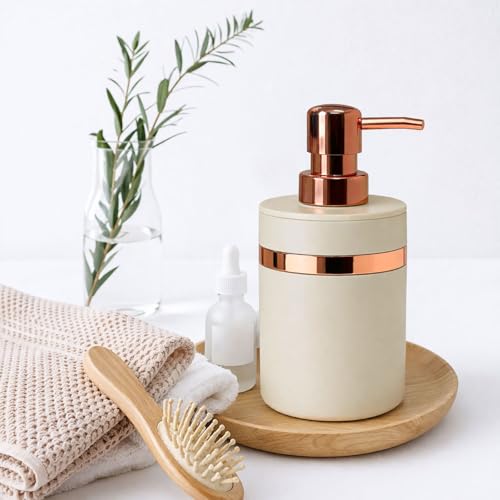 Image of Luxe Home International Rosegold & Ivory Plastic Soap Dispenser for Bathroom and Kitchen Sink Leak Proof Liquid Hand Wash Round Bottle Lightweight Smooth Finish (16x8 cm Rosegold & Ivory) Pack of 1