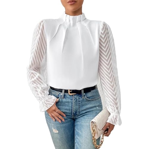 Blusa de Cuello Medio Alto para Mujer, Top Elegante de Manga Larga Plisada de Color Liso, Informal a Rayas para Mujer para IR de Compras (XXL)