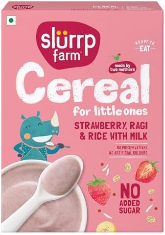 Slurrp Farm Multigrain Millet Cereal | Strawberry, Ragi & Rice with Milk | No Added Sugar, No Preservatives | High in Fiber & Calcium | Ready-to-Eat Baby Food | 7.05 Oz (200g)