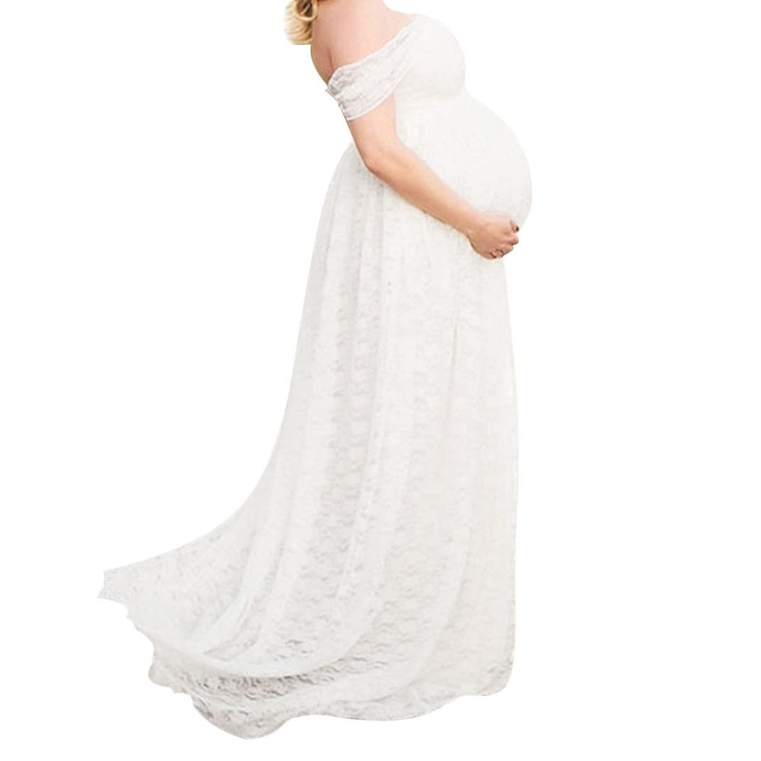 Robe de Photographie de maternité Fantaisie en Dentelle, Robe Grossesse Florale à épaules dénudées pour Femme Blanc 2XL