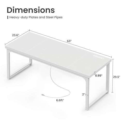 Huuger 63 x 24 inch Desk with Power Outlets & USB-C, Deeper & Thicker Desktop, Robust Metal Tubes, Computer Desk, Heavy Duty Office Desk, Work Gaming Desk, for Home Office, White