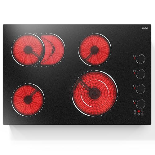 Image of Electric Cooktop 30 Inch Hobsir, 4 Burner Electric Stove Top 6700W, Dual-Ring Burner & Oval Burner, 9 Power Level, 30 Inch Cook top with Safety Lock, Timer, Black Knob
