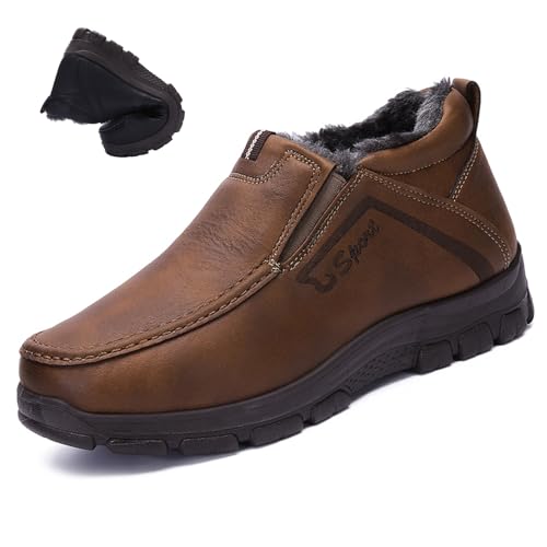 Image of Lossarye Men's Slip-On Winter Snow Boots Warm Fur Lined Casual Non-Slip Outdoors Leather Booties Cozy Walking Loafers