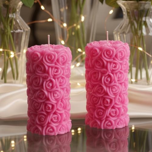 Image of Rose Pillar Candle, Pink Colour with Spiced Musk Fragrance, Smokeless Designer Decorative Candle Set for Home Decor, Diwali & Festive Gifting (5.5 x 10.5 cm, 12hrs)