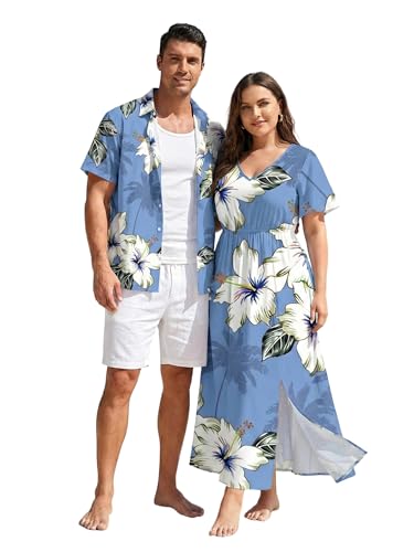 Image of Matchable Couple Hawaiian Sea Beach Starfish Turtle Shell Print Shirt or Plus Size Midi Split A Line Dress