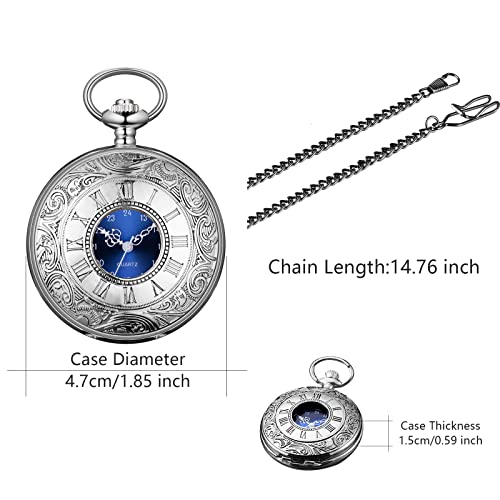 Boshiya Vintage Pocket Watch With Chain, Mens Quartz Silver Pocket Watch With Roman Numerals Scale And Unique Blue Dial Apply To Christmas Graduation Birthday Gifts Fathers Day #TOP3