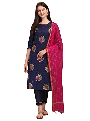 Image of VredeVogel Cotton Silk Blend Straight Embroidery Kurta Pant and Dupatta Set for Women