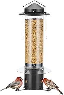 Kingsyard Squirrel-Proof Bird Feeder w/3 Feeding Ports, Heavy Duty Metal Tube Birdfeeder for Wild Bird, 5LBS Mixed Seed Capacity, w/Hanger, Black