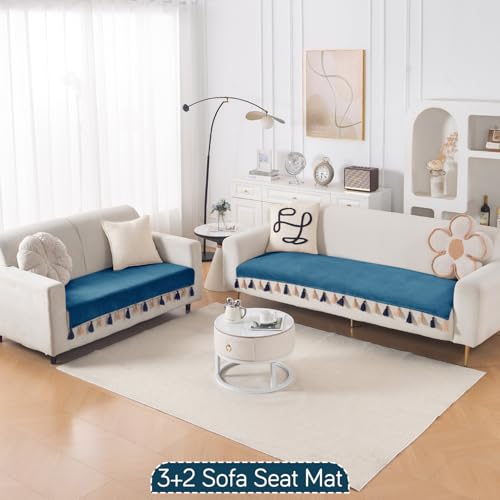 Image of HOKIPO 5 Seater Sofa Cover Mat with Tassel in 3+2 Configuration | Dyed Holland Velvet Fabric | 'TasselTone Series' | Sea Blue (IN-1108+1106-BL)