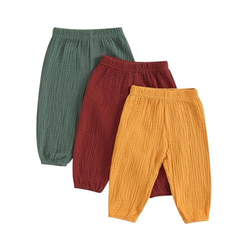 Image of Carolilly 3 Pack Unisex Toddler Baby Harem Trousers, Cotton Breathable Spring Summer Elastic Waist Harem Pants (Green Coffee Yellow,3-4 Years)