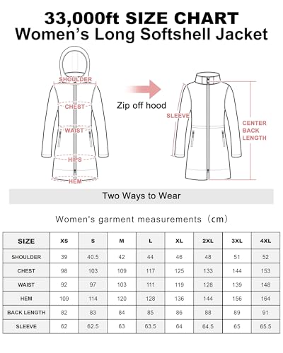 33,000ft Softshelljacke Damen Lange Übergangsjacke Wasserdicht Winddicht Softshellmantel Windbreaker Atmungsaktiv Wanderjacke Outdoor Mantel mit Abnehmbarer Kapuze Schwarz S