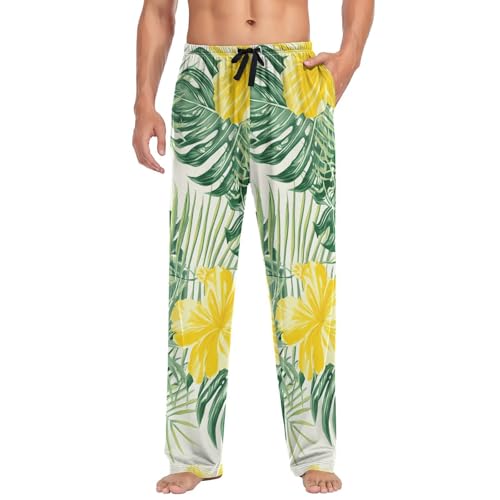 Men's Pajama Pants Yellow Hibiscus Palm Leaf Sleep Pajama Lounge Pant with Pockets, Elastic Waistband3