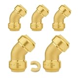 (Pack of 5) Seelink 1/2 Inch Push Fit 45-Degree Elbow Brass fitting, Push to Connect Pex, Copper, CPVC Pipe/Tubing, With Disconnect Clip