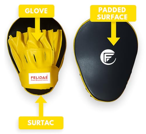 Image of FELIDAE Focus Pads for Boxing & MMA Training | Curved Punch Mitts for Kickboxing, Muay Thai & Martial Arts | Durable PU Leather Hand Target Pads for Punch Accuracy & Speed | Red Black (Yellow /Black)