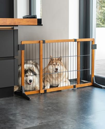 lionto Hundeschutzgitter längenverstellbar, Welpenschutzgitter aus attraktivem Pinienholz sorgt für Sicherheit, Höhe 70 cm, Robustes Absperrgitter für Treppen/Türen, einfacher Aufbau, braun/schwarz