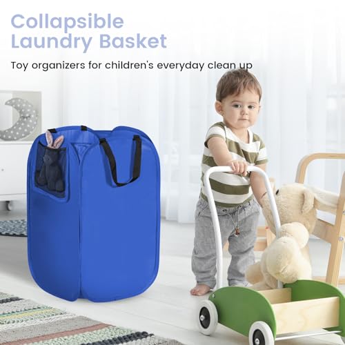 Image of HOUSE AGAIN Upgraded Polyester Pop Up Laundry Hamper, Collapsible Laundry Baskets with Durable Handles Solid Bottom High Steel Frame and Side Pocket, Easy Open & Save space,Perfect for Storage(Blue)