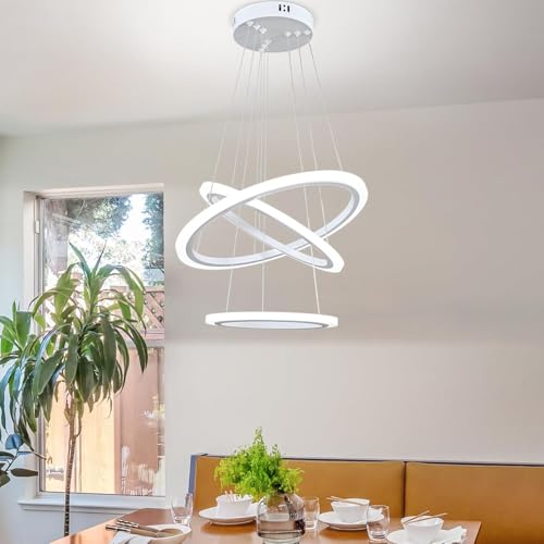 Image of Manraj Modern LED Chandelier, Acrylic 3-Ring Design, Ring Flush Mount Chandelier with Adjustable Hanging Cord Pendant Light Fixture, for Dining Living Room Bedroom (White)