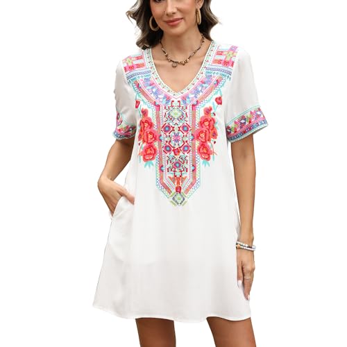 Image of Grosy Fiesta Embroidered Mexican Dress for Women Beach Vacation Plus Size Short Sleeve Summer Boho Dresses with Pocket