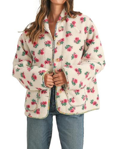 Dqbeng Womens Floral Sherpa Fleece Jacket Long Sleeve Button Up Oversized Casual Teddy Coats Outerwear with Pockets (Cream-XS)