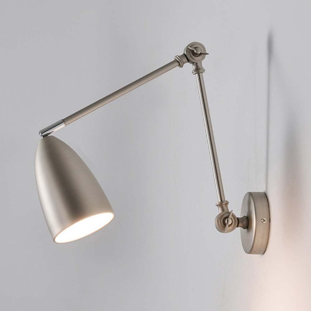 Verstellbarer Langer Arm Wandleuchte mit Schwenkbarem Arm Wandlampe Vintage Industrielle Metall Nachttischlampe Innen Drehbare Wand Leselampen Gelenkarm Wand Lampe für Schlafzimmer,Silber