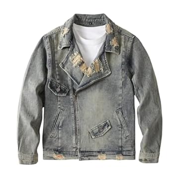 GHJCFVBS Jaqueta Denim Masculina Assimetria Zíper Notched Lapels Rasgada Manga Longa Moto Trucker Jean Jacket,Blue,5XL
