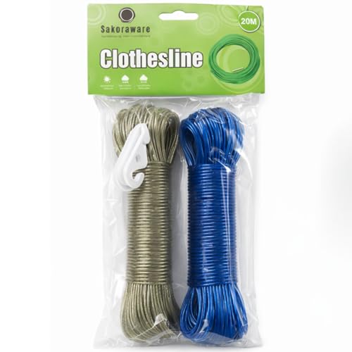 Image of Sakoraware 20 Meter Cloth Drying Ropes PVC Coated Steel Anti-Rust Wire for Dry Clothes with Hook | Portable for Travel Heavy Duty Plastic Skipping Rope Clothesline (Set of 2, Multicolor)