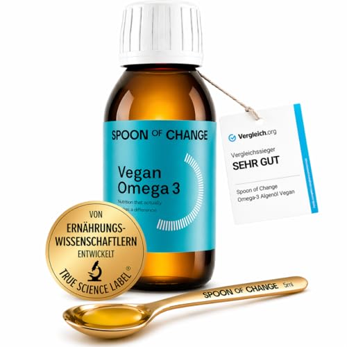 Premium Omega-3 Algenöl (2900mg pro Tag) - Hochdosiert - mit Zitrone - DHA & EPA - Wissenschaftsbasiert, Laborgeprüft - Triglycerid Form - Vegan - Mit Vitamin D3 fürs Immunsystem - Spoon of Change®