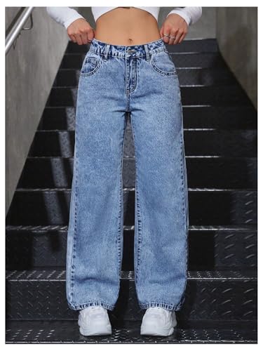 WDIRARA Women's Petite Bow Embroidered Mid Rise Baggy Jeans Y2k Basic Wide Leg Denim Pants3