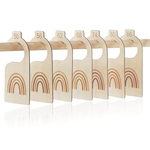 Aililong Baby Kleiderbügel Holz - 7 Stück Größentrenner Baby 50-86 Konfektionsgrößen, Schrankteiler Regenbogen Design, Kinderbügel für Neugeborene Kleinkinderkleidung