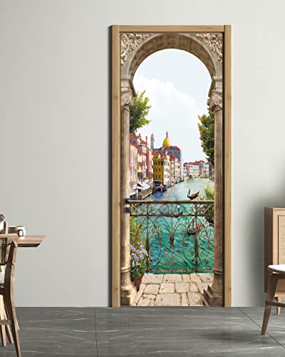 Door Sticker - Flfk 3D Door Mural Peel And Stick, Removable Self-Adhesive Italian Water City Door Wallpaper For Home Decor, 30.3 "W X 78.7 "L, Set Of 2 Sheets #TOP2