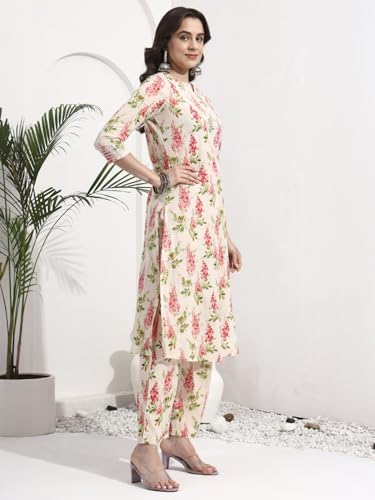 Image of idaLia Women's Multicolor Floral Printed Cotton Kurta Pant Set with Dupatta | Straight Fit | V-Neck | 3 /4 Sleeves Ethnic Suit