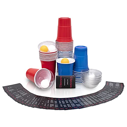 Sevara © Lot de 20 gobelets à bière pong avec jeu de cartes et [20] gobelets de qualité supérieure / 52 jeux de société différents en allemand et en anglais / [4 ] balles de pingpong