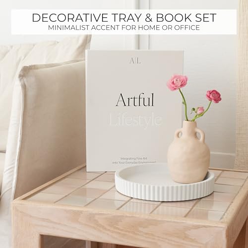 Decorative Concrete Tray & Book Decor Set - Scalloped Tray & Linen Box Enhance Your Coffee Table or Bookshelf Decor - Stylish Home Decoration for Your Living or Dining Room & as a Housewarming Gift - Image 4