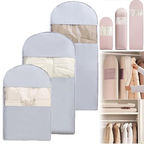 Space Saving Hanging Garment Bag with Self Compression Zipper, Space Saving Garment Bags, Dust Cover Clothes Bags For Down Coat, for Closet Storage (blue, 3PCS(M+L+XL))