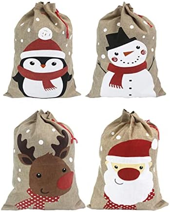 Christmas sacks (35 x 50 cm Medium Size)  Pack of 4 Drawstring Goody Gift Bags for Christmas Treats 4 Designs Santa Snowman Reindeer Penguin