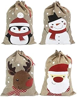 Christmas sacks (35 x 50 cm Medium Size)  Pack of 4 Drawstring Goody Gift Bags for Christmas Treats 4 Designs Santa Snowman Reindeer Penguin