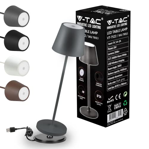V-TAC Lampada da Tavolo senza Fili LED Dimmerabile in Alluminio – Lampada Grigia Wireless per Uso Interno ed Esterno IP54 da Casa o Ristorante – Design Elegante – Luce Bianca Calda