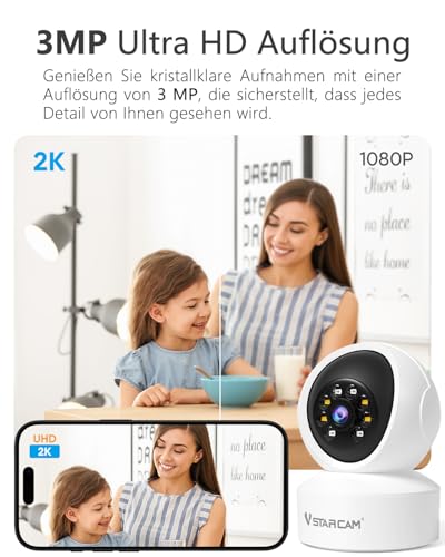 VSTARCAM Überwachungskamera Innen - 2K QHD, 360° WLAN Indoor Hundekamera mit APP, Automatische Verfolgung, 2-Wege-Audio, Bewegungserkennung, Farb-Nachtsicht zu 9m, bis zu 256 GB lokaler Speicher 01