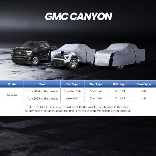 Image of Multi-Layer Canyon Truck Cover, Custom Fit Canyon 2004-2026 Extended /Crew Cab SB(5'-6.1') Car Cover Waterproof All Weather, Full Exterior Cover Rain Wind Dust and UV Protection with Door Zipper