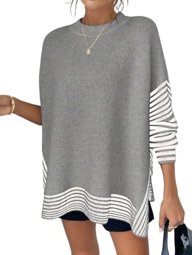 CHARTOU Women Contrast Stripe Sweater Casual Crewneck Batwing Long Sleeve Pullover Sweater Jumper Tops