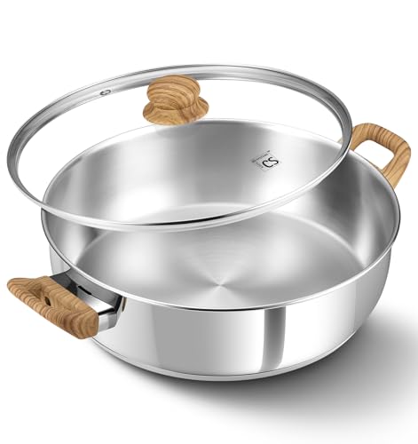 Image of KOCH SYSTEME CS Stainless Steel Saute Pan with Lid, 12 Inch Deep Frying Pan with Double Handles, 5.5 Quart 18/10 Stainless Steel Pan with Cool-Touch Bakelite Handle, Deep Frying Pan, Induction Ready