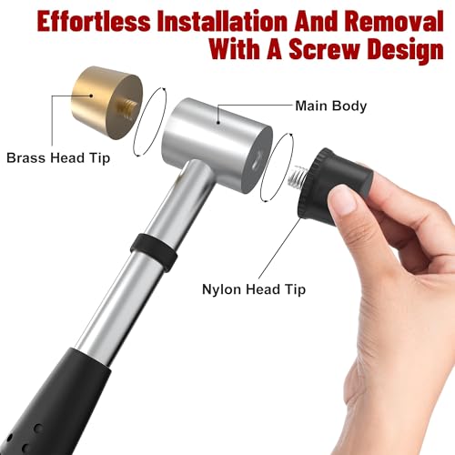 Image of Small Brass Hammer with 4 Interchangeable 1-Inch Heads: Brass, Nylon, Aluminum, Rubber, Hammer Mallet for Jewelry, DIY Projects and More (2 Pack)