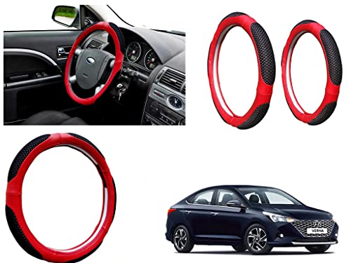 Image of Microfiber Car Steering Wheel Cover, Soft Padding Great Hand Feel, Anti-Slip, Faux Leather Steering Cover for Hyundai Verna 2020 | Black Red Jali - Pack of 1