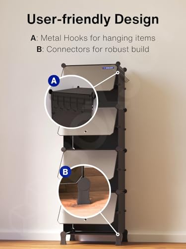 Image of BOXJOY 8 Shelf Shoe Rack with 4 Transparent Doors, 5 Hook Steel Holder & Wooden Hammer, Home Storage PP Plastic Organizer with Metal Door Frame to Cover Chappal Slipper Sandals Shoes Box Stand (Black)