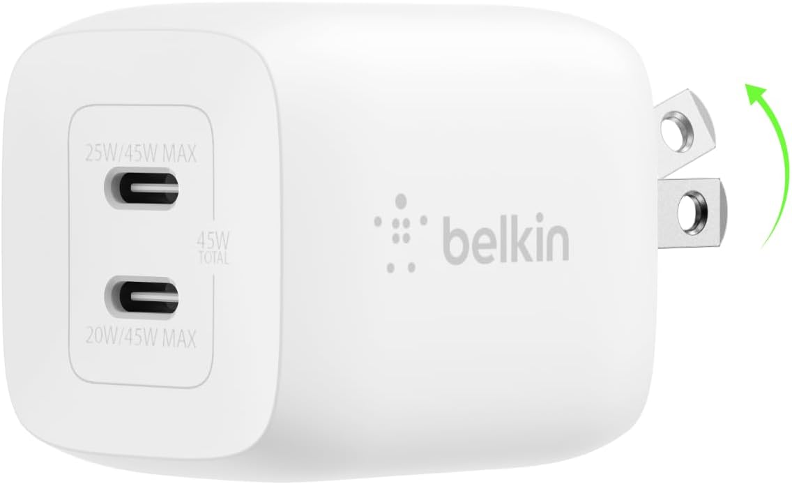 bloque de cargador dual GaN USB C de 45 W, carga rápida para viajes | Carga rápida PD 3.0 PPS, Samsung Galaxy S25, iPhone 17, Air, Pro, Pro Max, iPad, MacBook, Switch 2