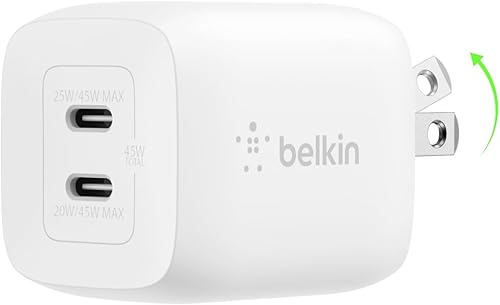 Belkin Bloque de cargador USB C dual de 45 W, carga súper rápida PD3.0 con tecnología GaN - Samsung Galaxy S25, Apple iPhone 17, Air, Pro, Pro Max,