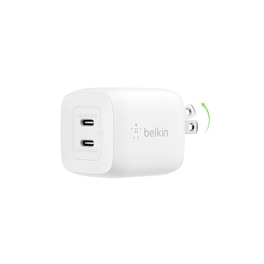 Belkin 45W Dual USB C Charger Block, Super Fast Charging PD3.0 w/ GaN Technology - Samsung Galaxy S25, Apple iPhone 17, Air, Pro, Pro Max, iPad, MacBook, AirPods, Nintendo Switch 2 & More - White