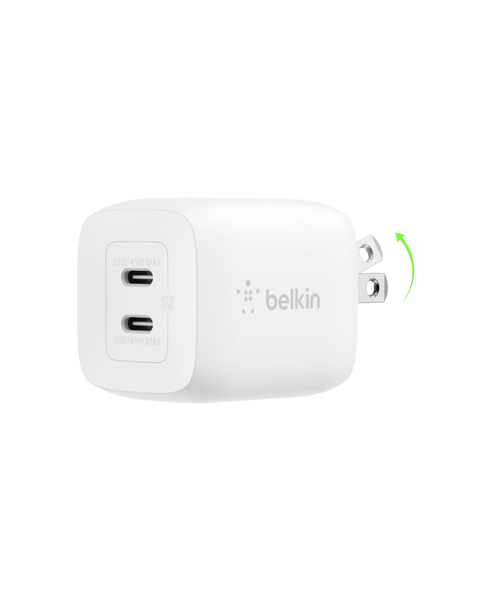 Belkin 45W Dual USB-C Wall Charger, Fast Charging Power Delivery 3.0 w/GaN Technology for iPhone 16, 15, 14, 13, Pro, Pro Max, Plus, Mini, iPad, MacBook, Galaxy S25, Galaxy S24, & More – White