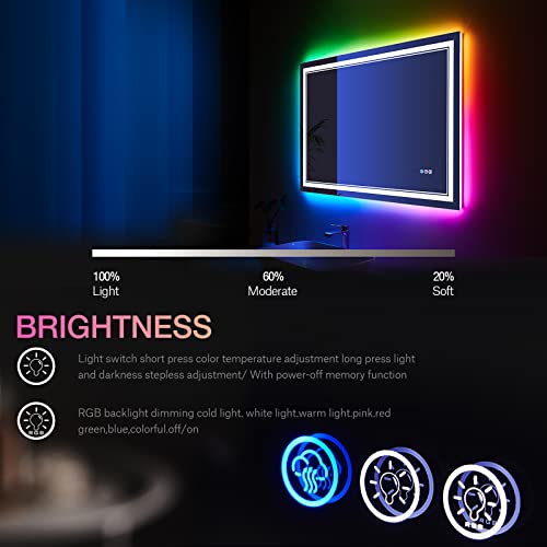 40x30 Inch RGB LED Bathroom Mirror with Lights, Color Changing RGB Backlit LED Mirror for Bathroom,Lighted Vanity Mirrors for Bathroom Wall, Dimmable, Anti-Fog (RGB Backlit+Front-Lit)